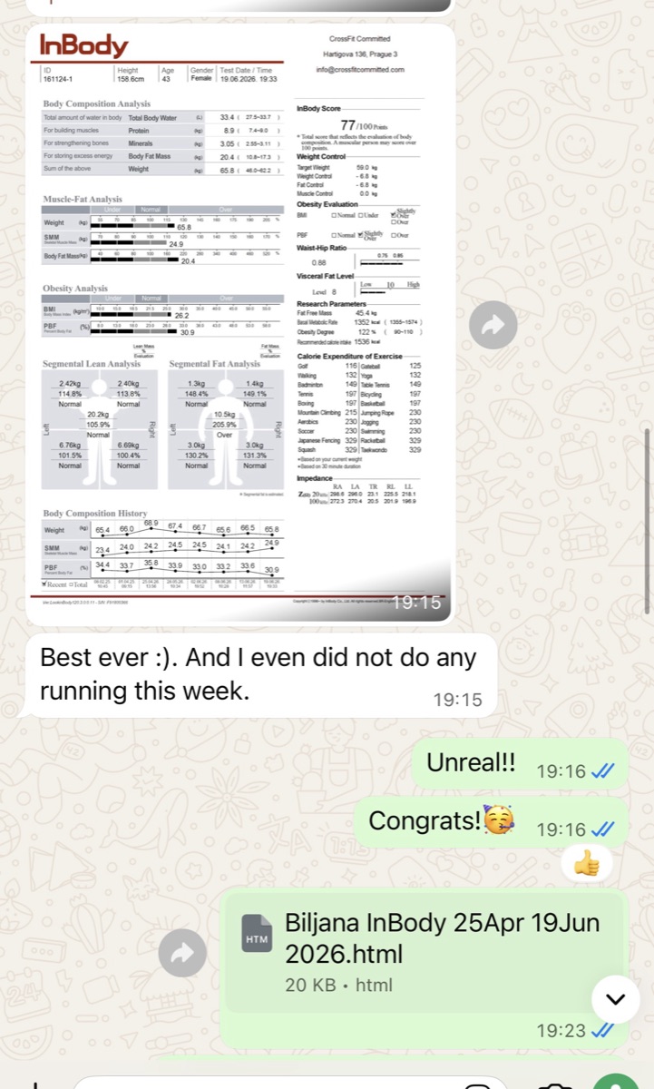 Group chat: member sharing her best-ever InBody report