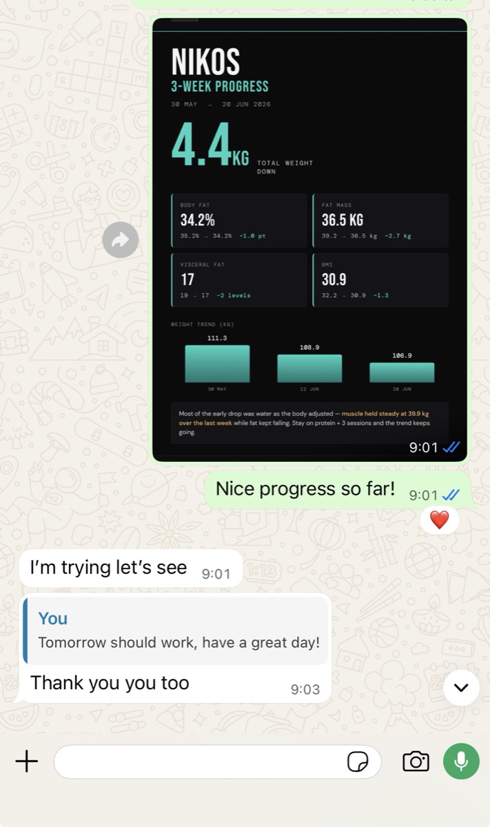 Group chat: member 4.4 kg down in the first 3 weeks of the program