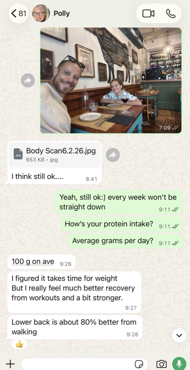 Chat with a coach: weekly nutrition check-in, lower back pain 80% better